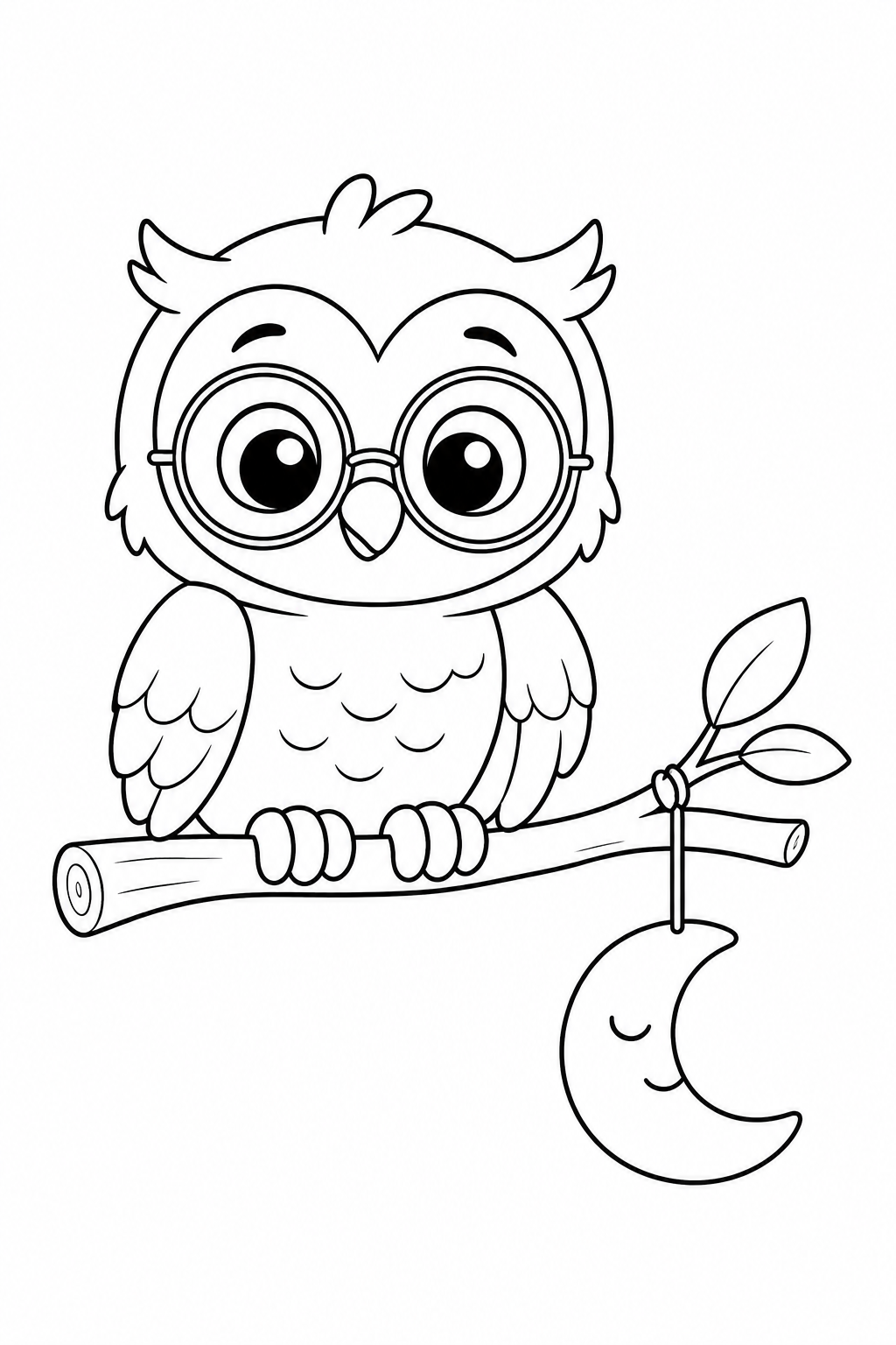 Color a wide-eyed owl perched on a branch beneath a crescent moon. This free printable nighttime scene offers creative fun for children ages 3–7.