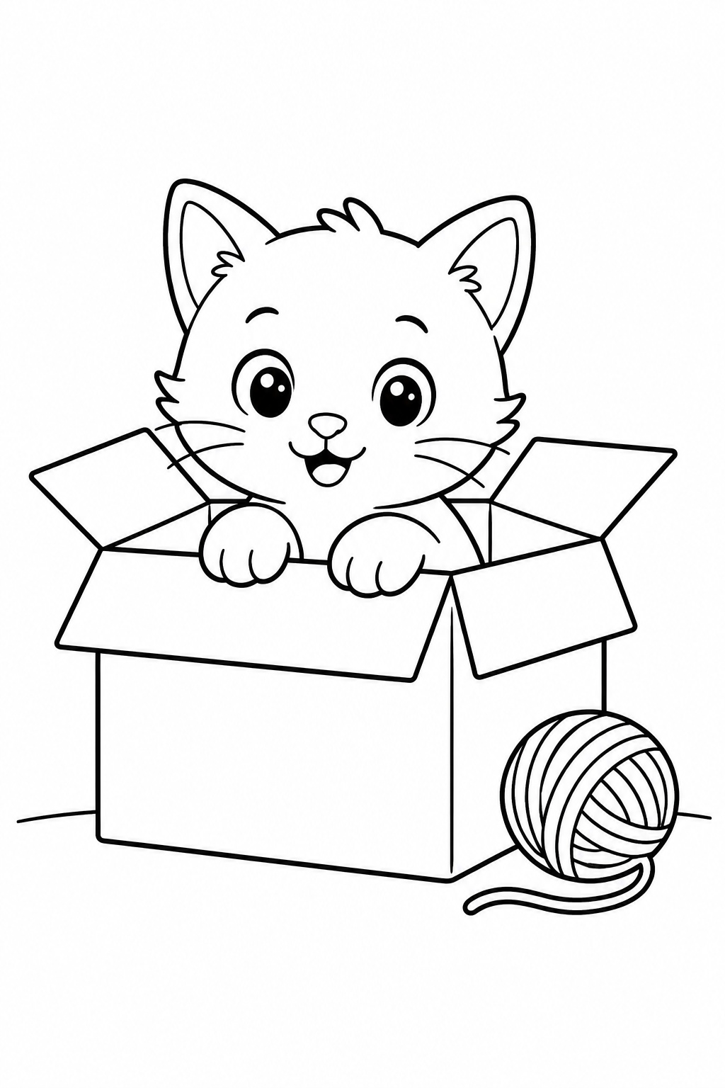 Color a curious kitten peeking from a cardboard box beside a ball of yarn. Download this adorable free printable cat coloring page for kids ages 3–7.