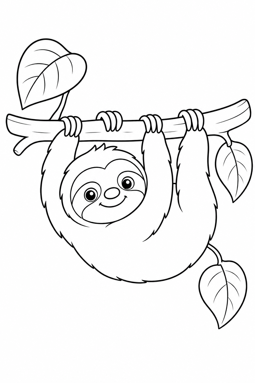 Color a relaxed little sloth hanging upside down from a leafy tree branch. This easy free printable creates calm, screen-free fun for ages 3–7.