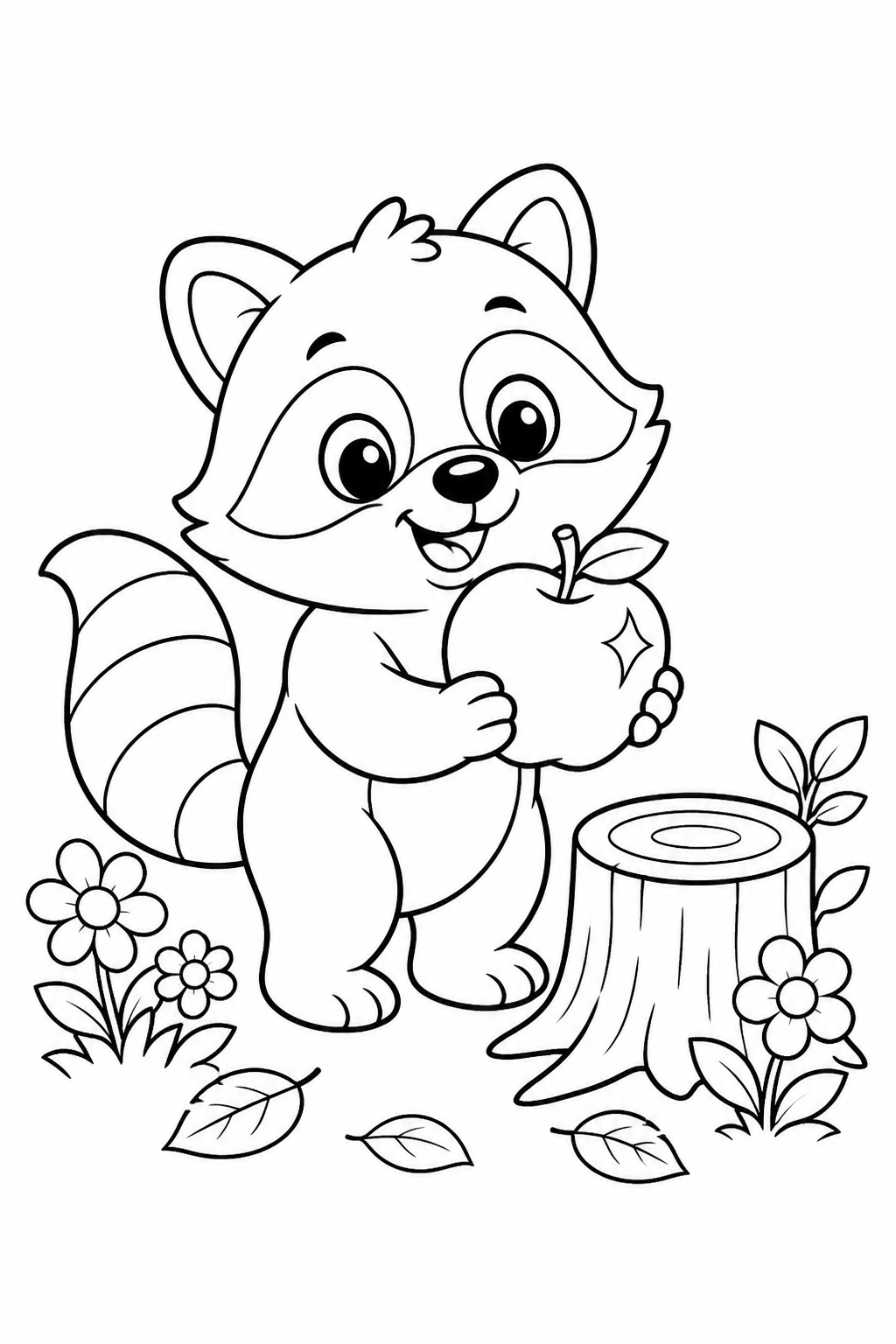 Printable cute raccoon holding an apple coloring page