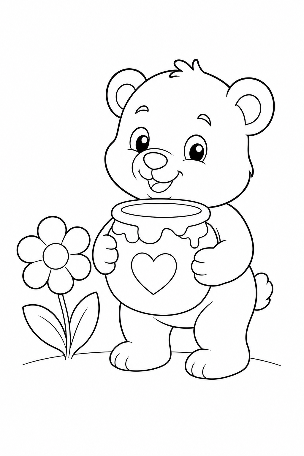 Meet a smiling little bear holding a heart-decorated honey jar beside a flower. Download this free printable coloring page for children ages 3–7.