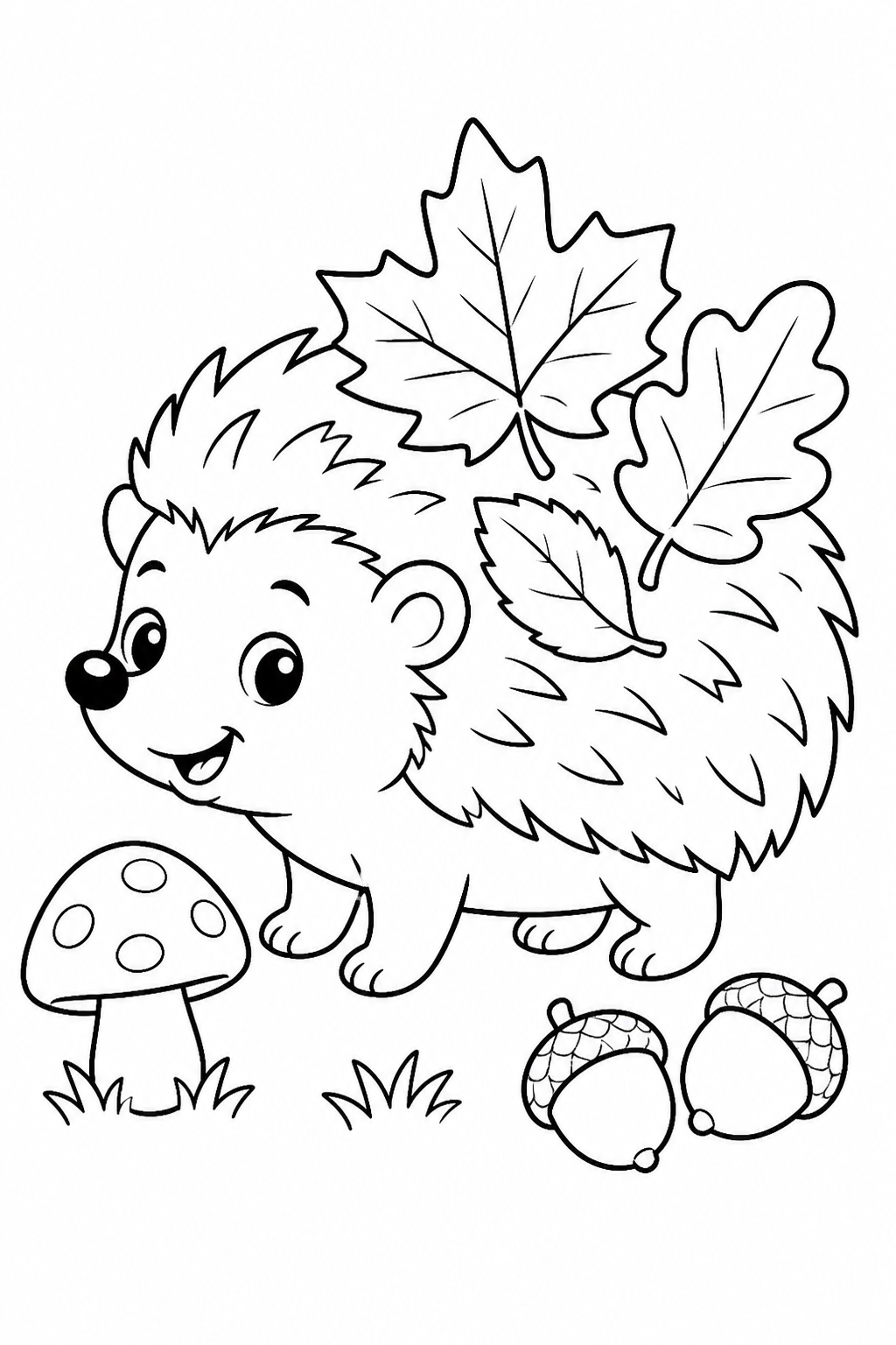 Printable cute hedgehog with autumn leaves coloring page