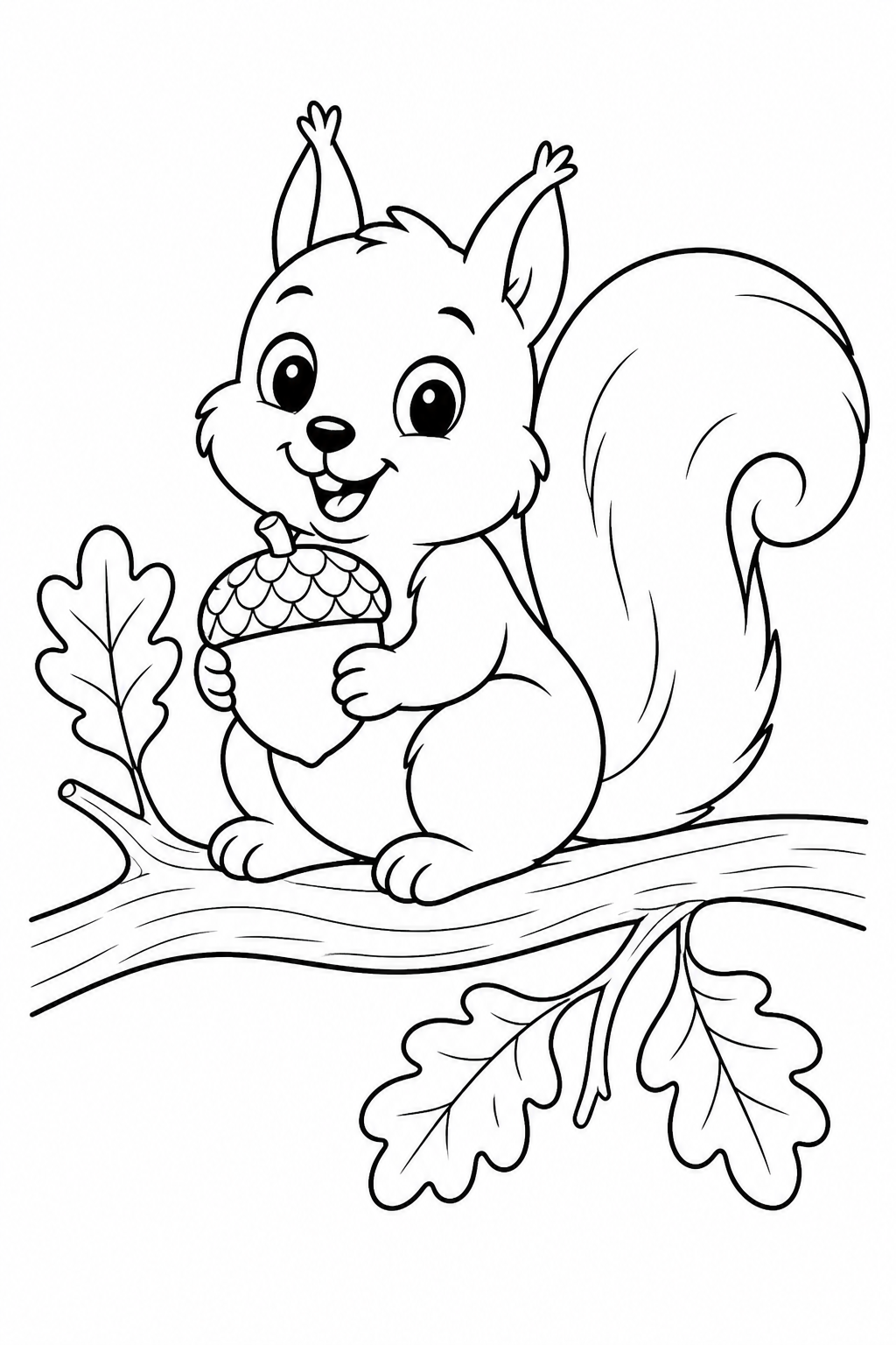 Printable cute squirrel holding a large acorn coloring page