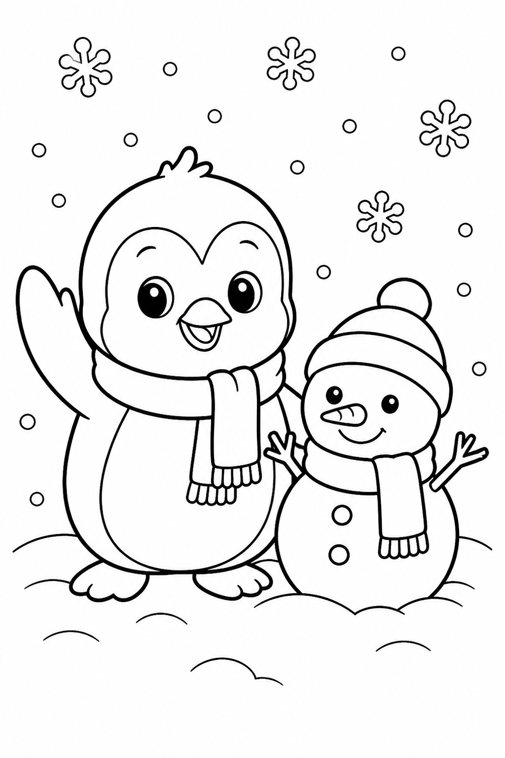 Printable cute penguin with a snowman coloring page