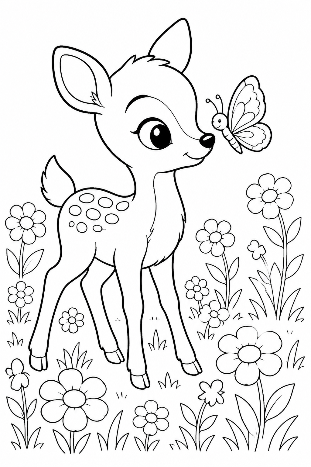 Printable baby fawn meeting a butterfly coloring page