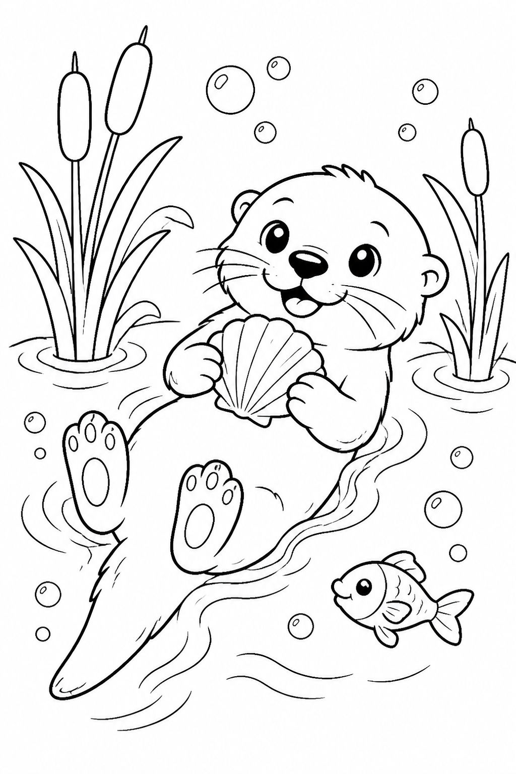 Printable playful otter floating with a seashell coloring page