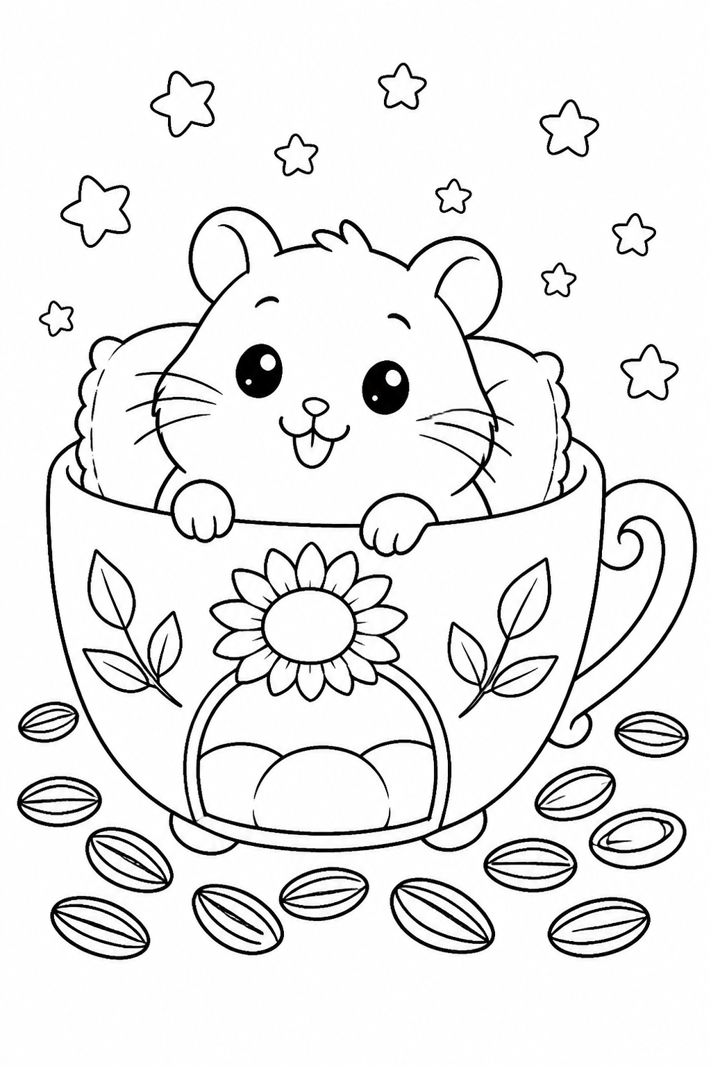 Printable cute hamster in a teacup-shaped bed coloring page