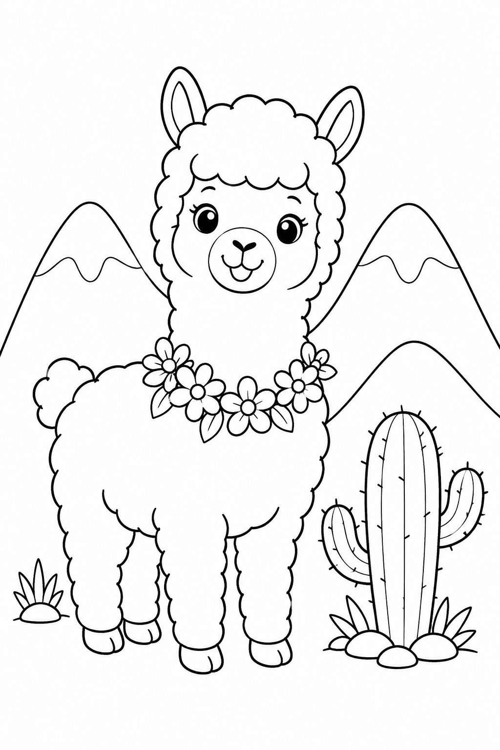 Printable fluffy alpaca wearing a flower garland coloring page