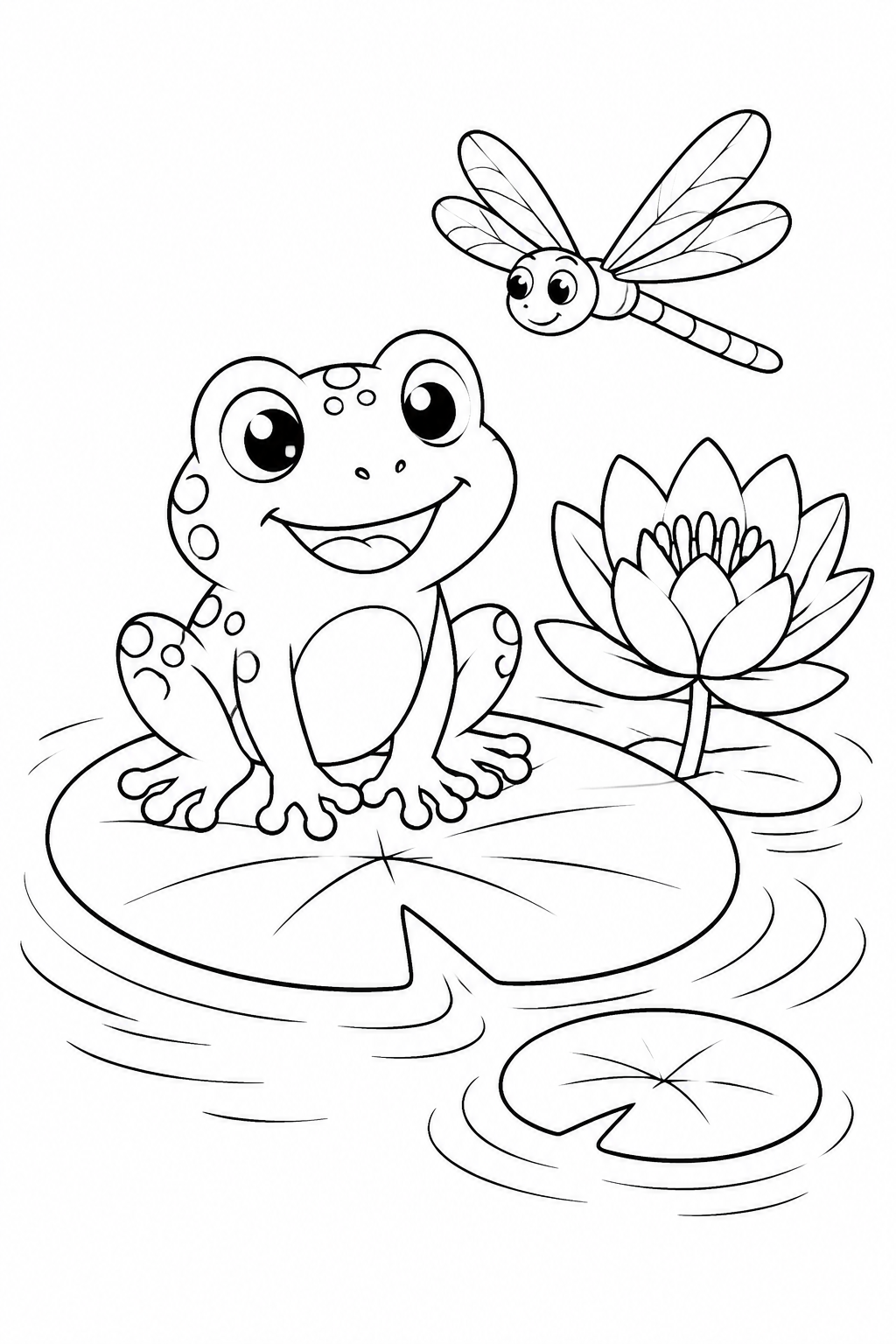 Printable happy frog on a lily pad with dragonfly coloring page