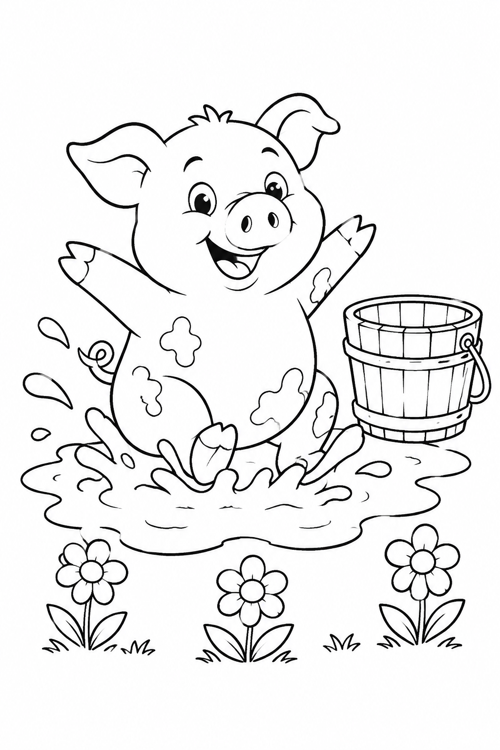 Printable happy piglet splashing in a mud puddle coloring page
