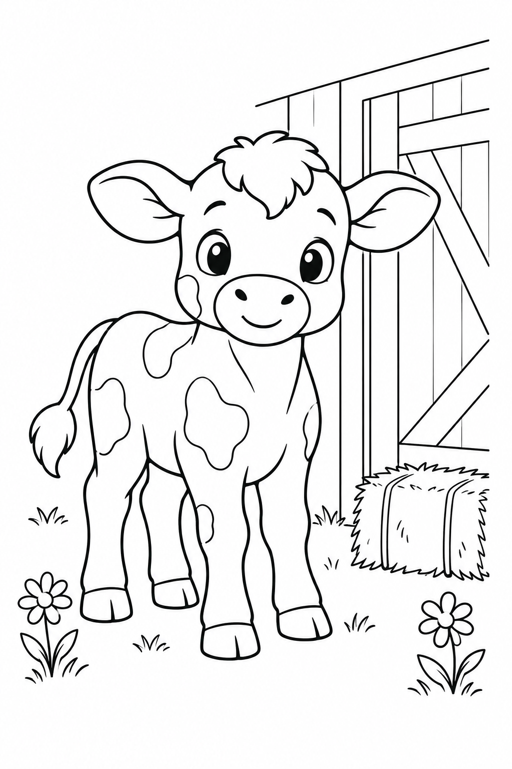 Printable baby calf beside a barn and hay bale coloring page for age 4