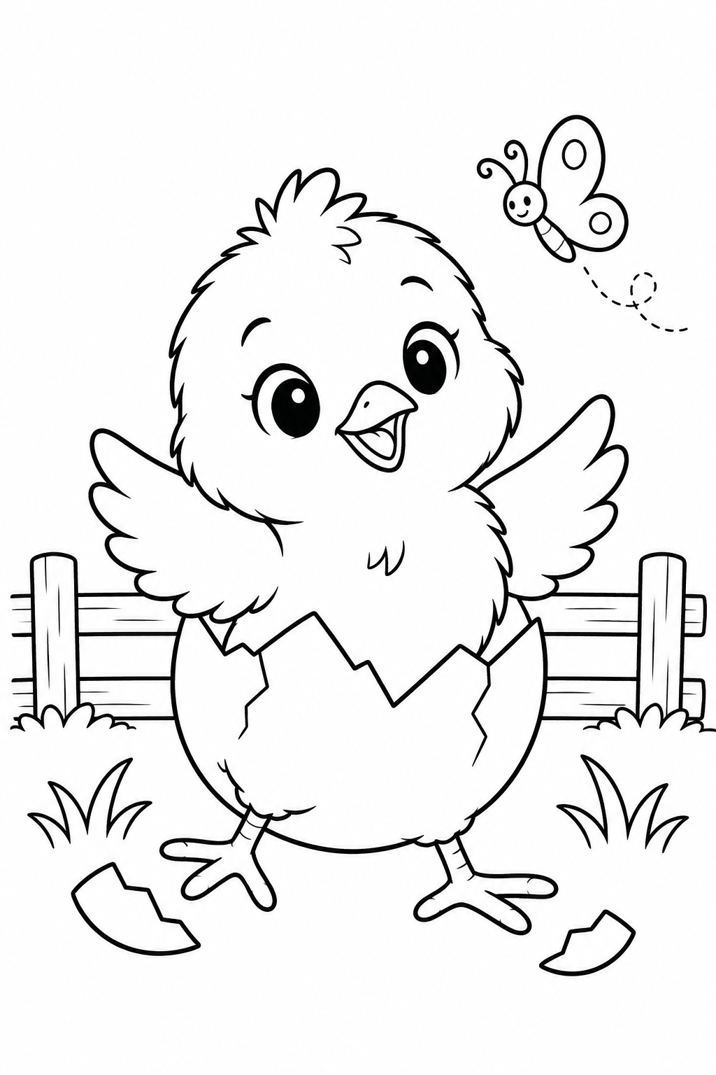 Printable baby chick hatching from an egg on a farm coloring page for age 4