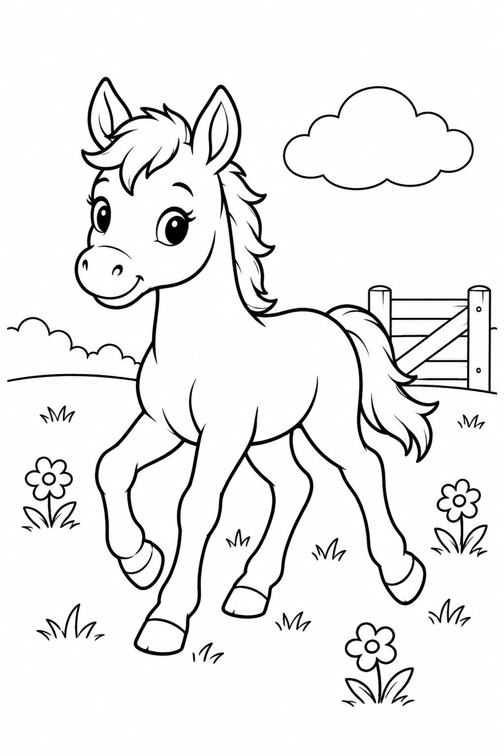 Printable happy foal trotting in a farm meadow coloring page for age 4