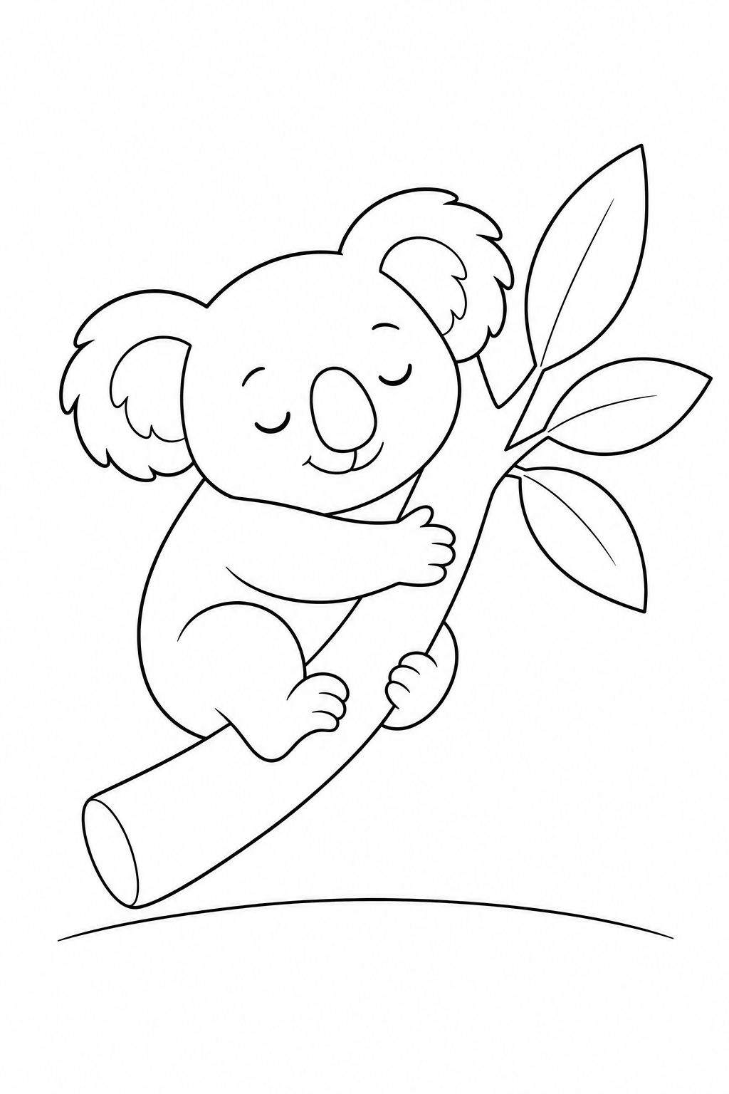 Color a peaceful koala cuddling a leafy tree branch. This free printable koala coloring page offers a calm, screen-free activity for kids ages 3–7.