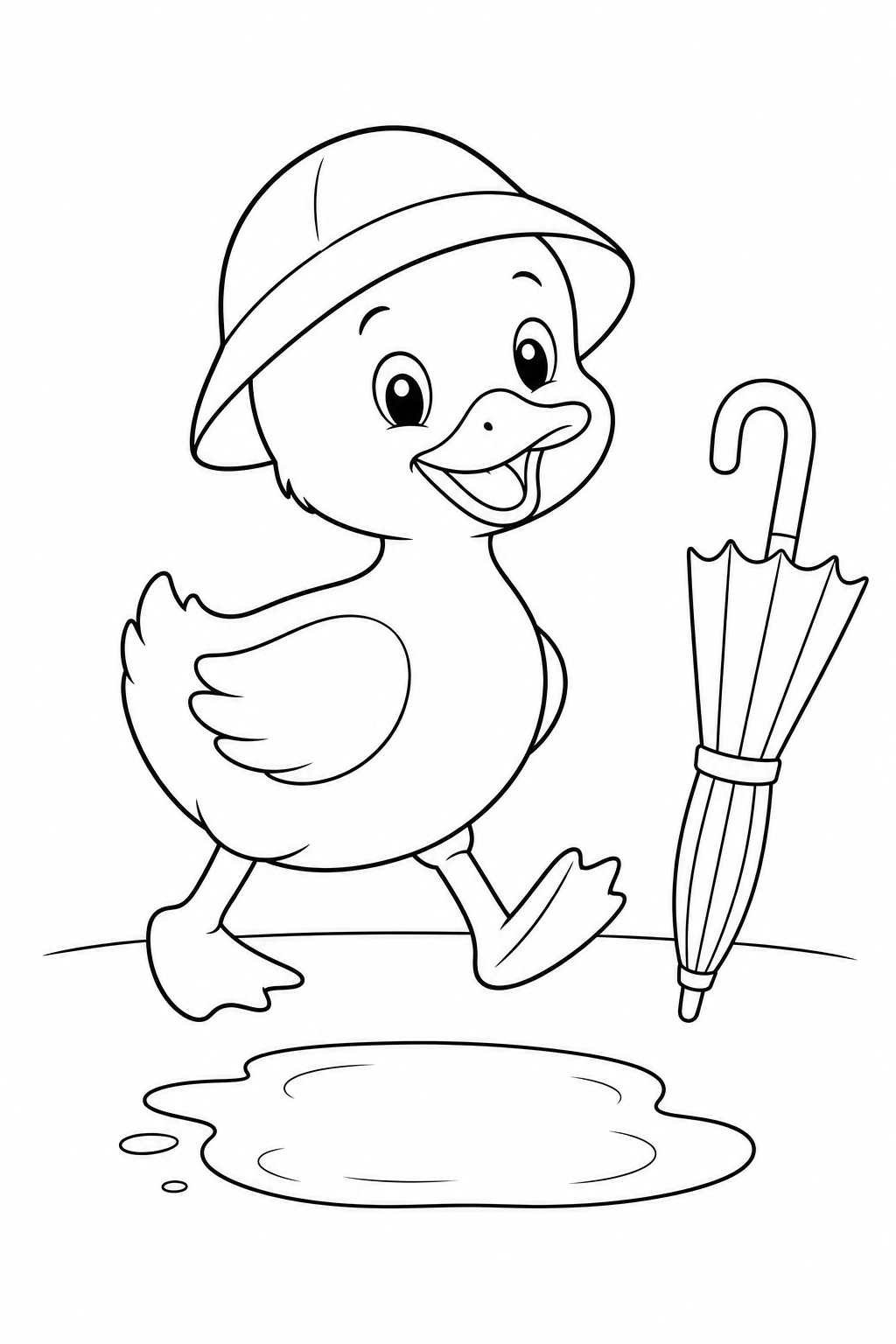 Color a cheerful duck wearing a rain hat and walking beside an umbrella and puddle. Download this playful free printable for children ages 3–7.