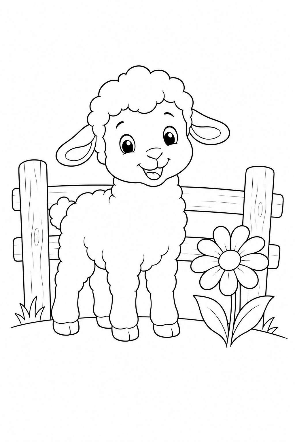 Color a fluffy little lamb standing by a wooden fence and flower. This gentle farm-animal printable is free for preschool and classroom use.