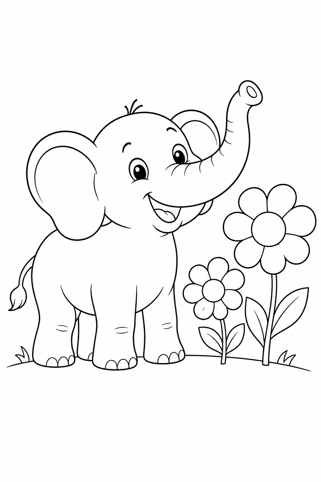 Color a friendly young elephant raising its trunk beside blooming flowers. This free printable provides simple creative fun for children ages 3–7.