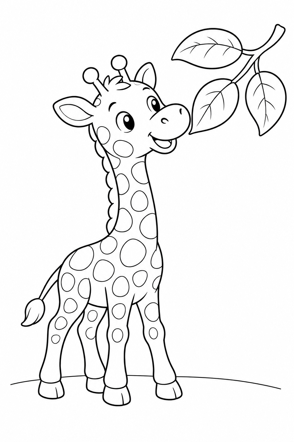 Color a smiling baby giraffe reaching for fresh leaves on a branch. Download this free printable wildlife activity for young artists ages 3–7.