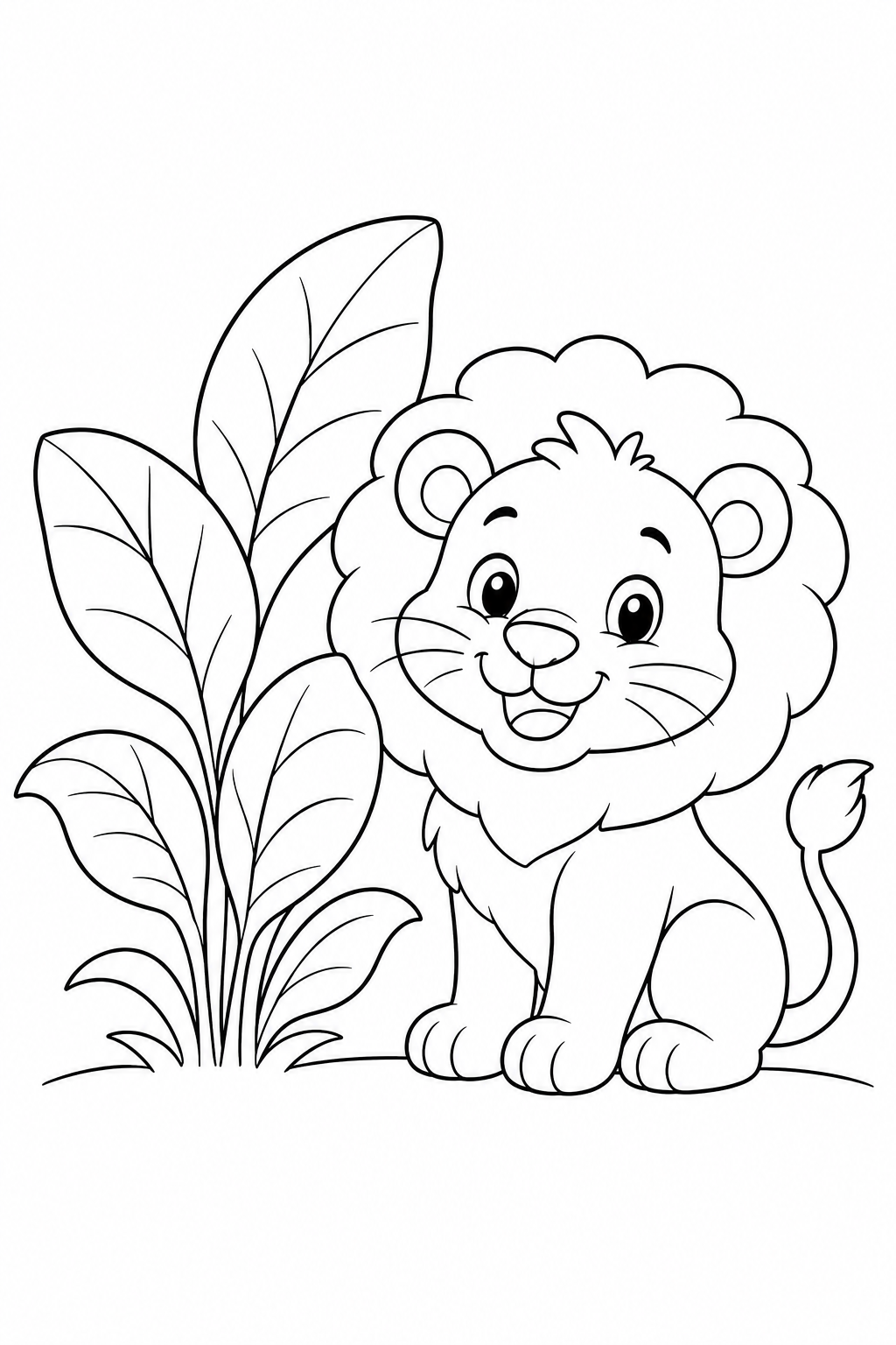 Color a friendly young lion sitting among large jungle leaves. This free printable lion coloring page has clear shapes suited to children ages 3–7.