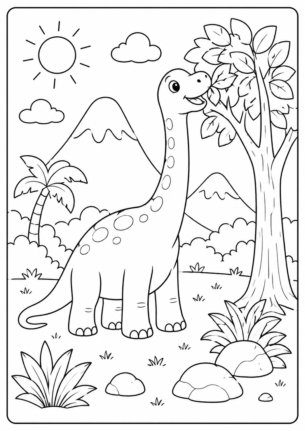 Color a friendly long-neck dinosaur nibbling leaves beside prehistoric trees and mountains. The layered plants and scenery make this printable best suited to children ages 5–8.
