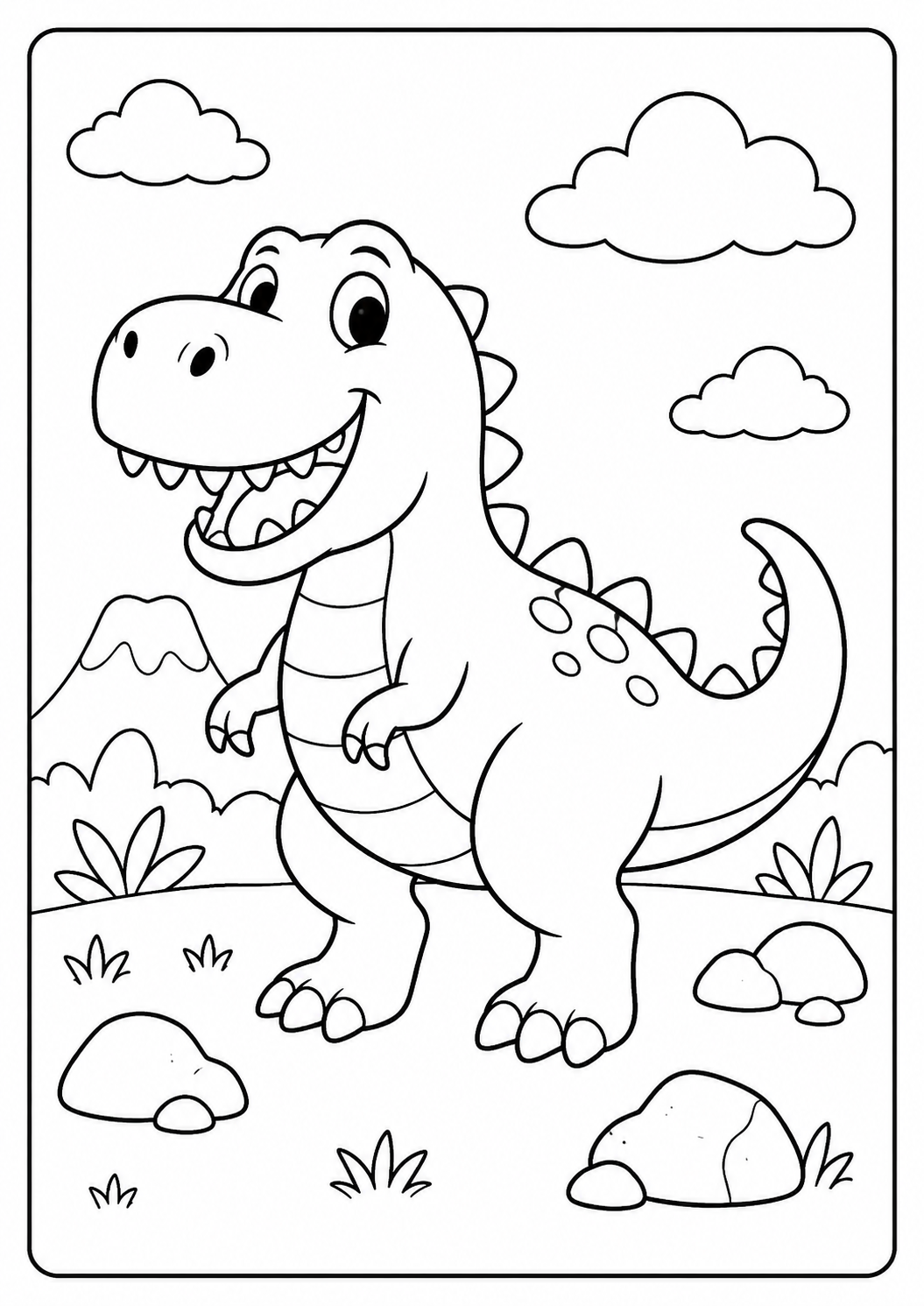 Color a smiling Tyrannosaurus rex among rocks and prehistoric plants. Its teeth, claws and body markings provide a playful challenge for ages 4–7.