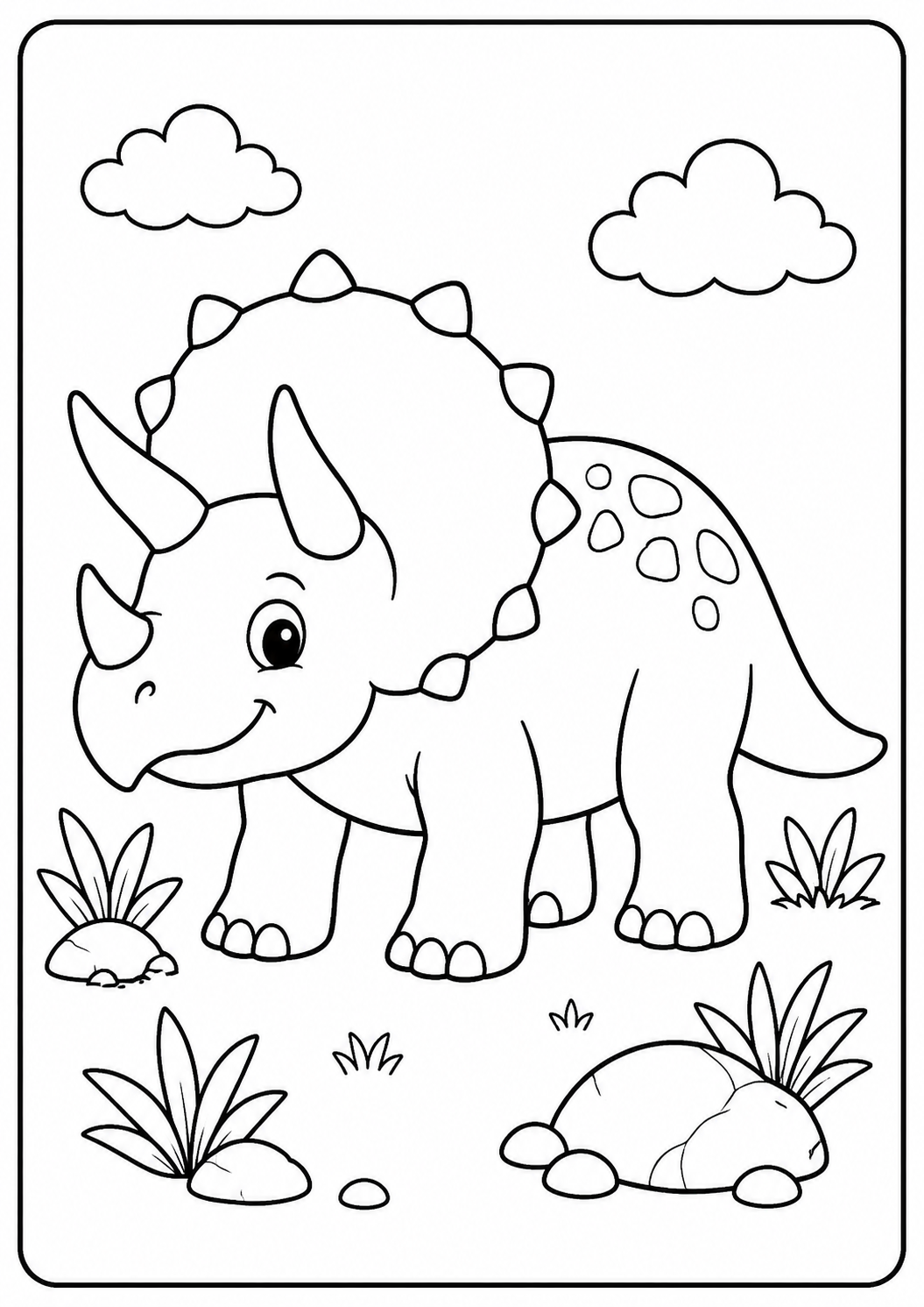 Color a cheerful Triceratops standing among simple rocks, grass and clouds. Broad body shapes with a few horn and frill details make it suitable for ages 4–6.