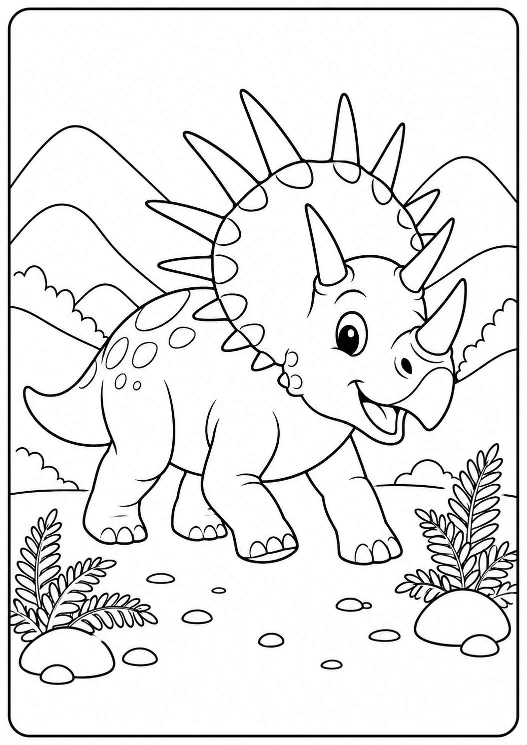 Color a lively Styracosaurus with a dramatic horned frill in a mountain landscape. Numerous spikes, spots and fern leaves make this detailed page best for ages 6–9.