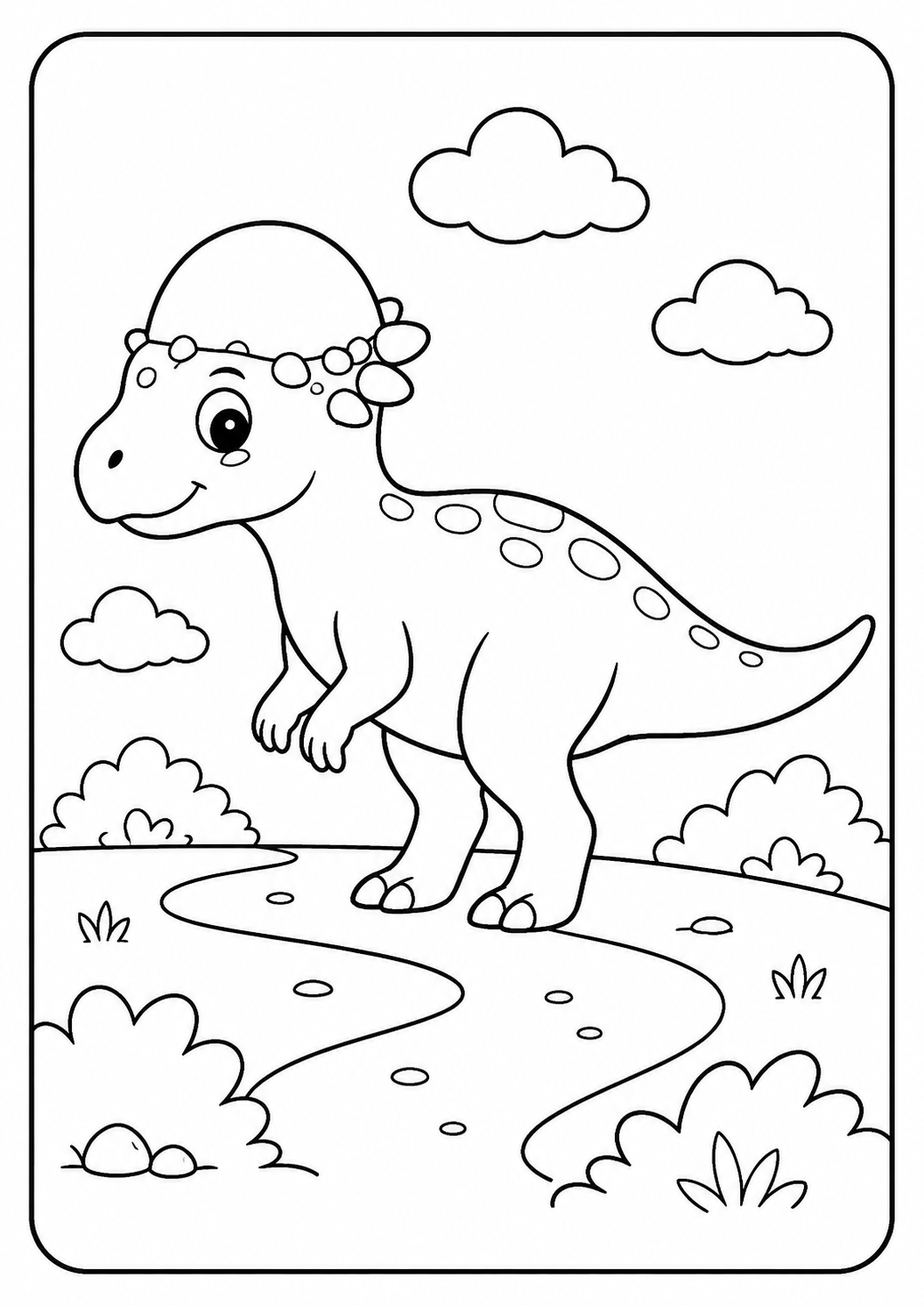 Color a friendly young Pachycephalosaurus walking along a winding path. Large open spaces and a simple background make this an easy activity for ages 3–6.