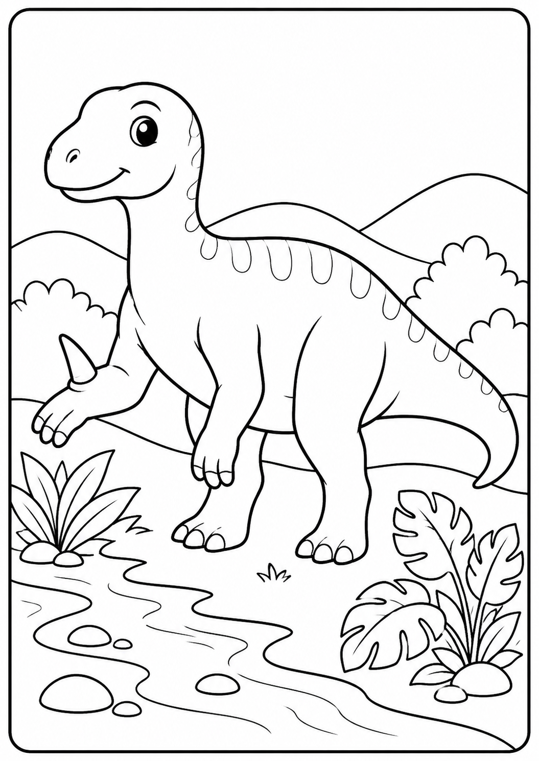 Color an Iguanodon with its distinctive thumb spike beside a flowing prehistoric stream. Layered leaves, water lines and body markings suit independent artists ages 6–9.