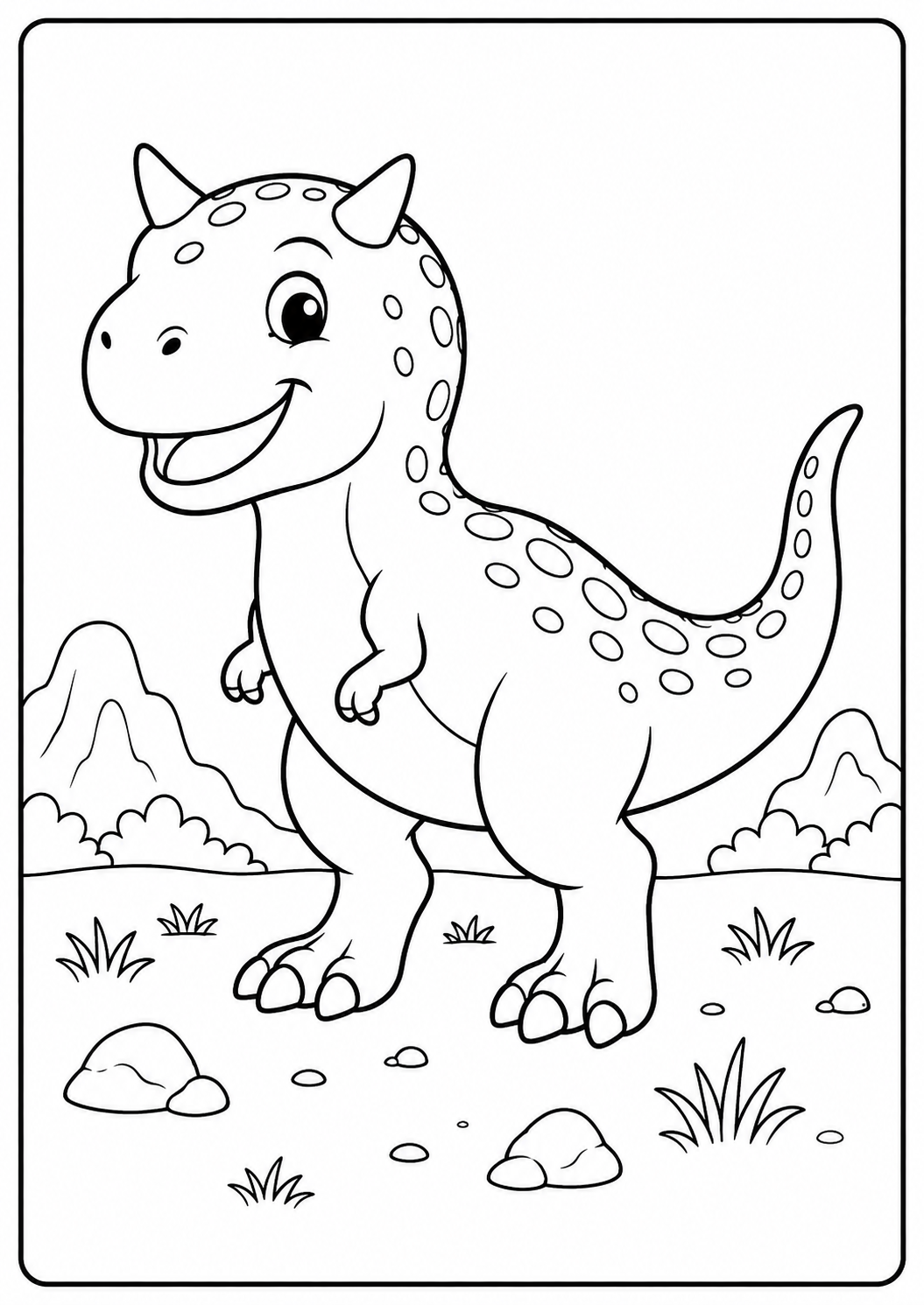 Color a smiling Carnotaurus with two horns, spots and a curled tail. Its open body areas and lightly detailed rocky scene offer a moderate activity for ages 4–7.
