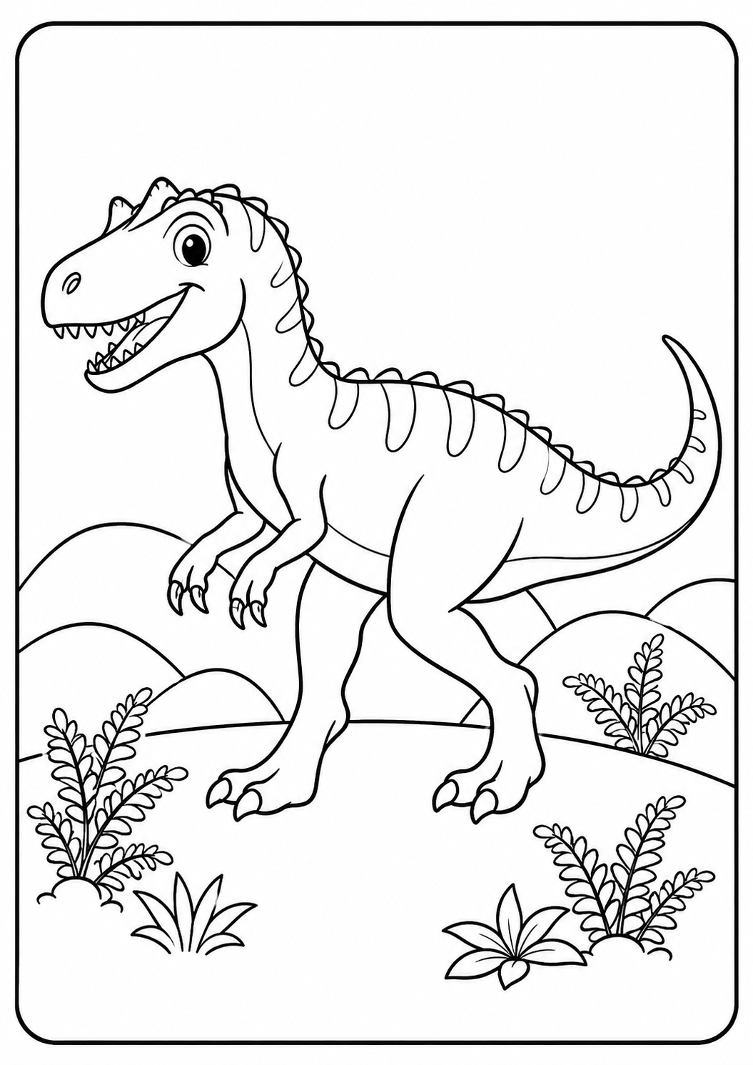 Color a toothy Allosaurus striding through a fern-filled valley. Small teeth, claws, stripes and detailed plants make this page a stronger challenge for ages 6–9.