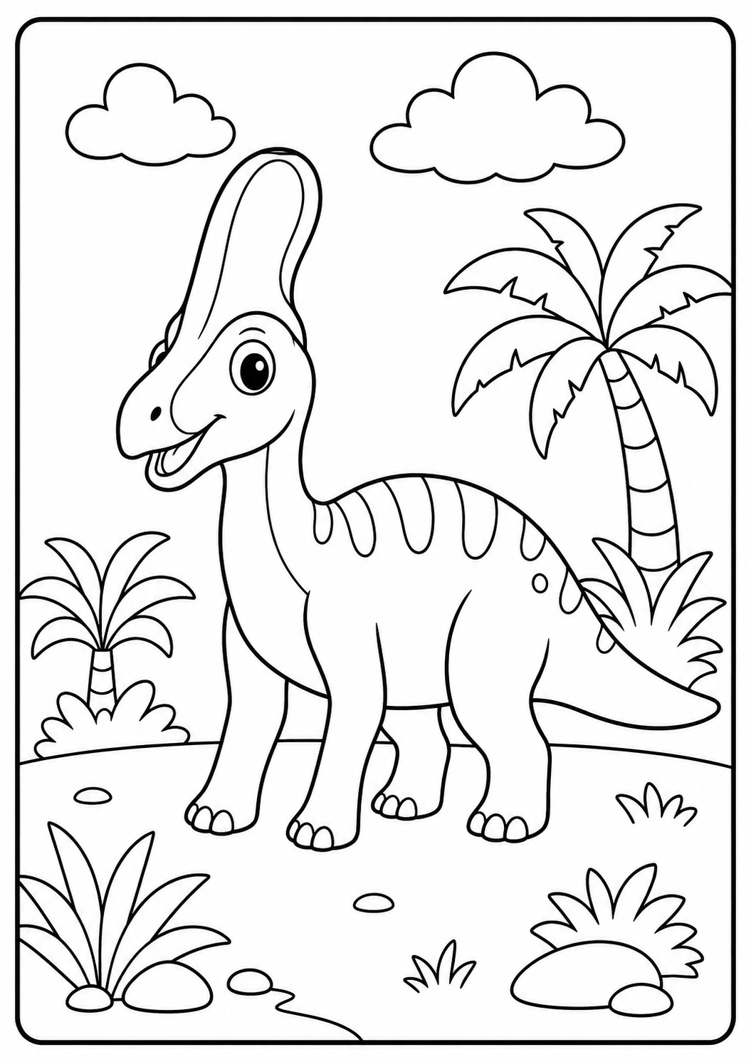 Color a cheerful Parasaurolophus with a tall curved crest among palm trees and plants. Clear outlines with moderate body markings make it suitable for ages 4–7.