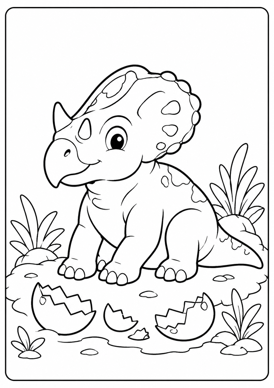 Color a baby Triceratops sitting among cracked eggshells and prehistoric plants. The shell fragments, markings and layered foreground suit children ages 5–8.