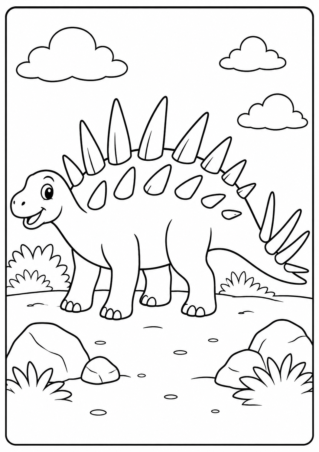 Color a friendly Kentrosaurus covered with tall back and tail spikes. Repeated plates, rocks and bushes make this a satisfying intermediate page for ages 5–8.