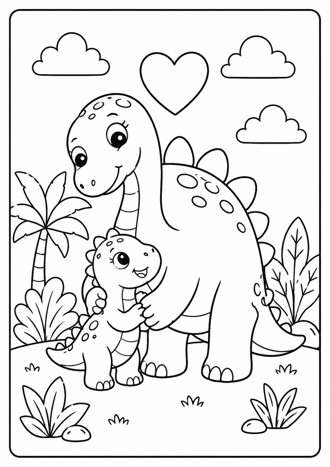 Color a loving dinosaur parent hugging its little baby beneath a heart and fluffy clouds. The broad shapes and two characters suit children ages 4–7.