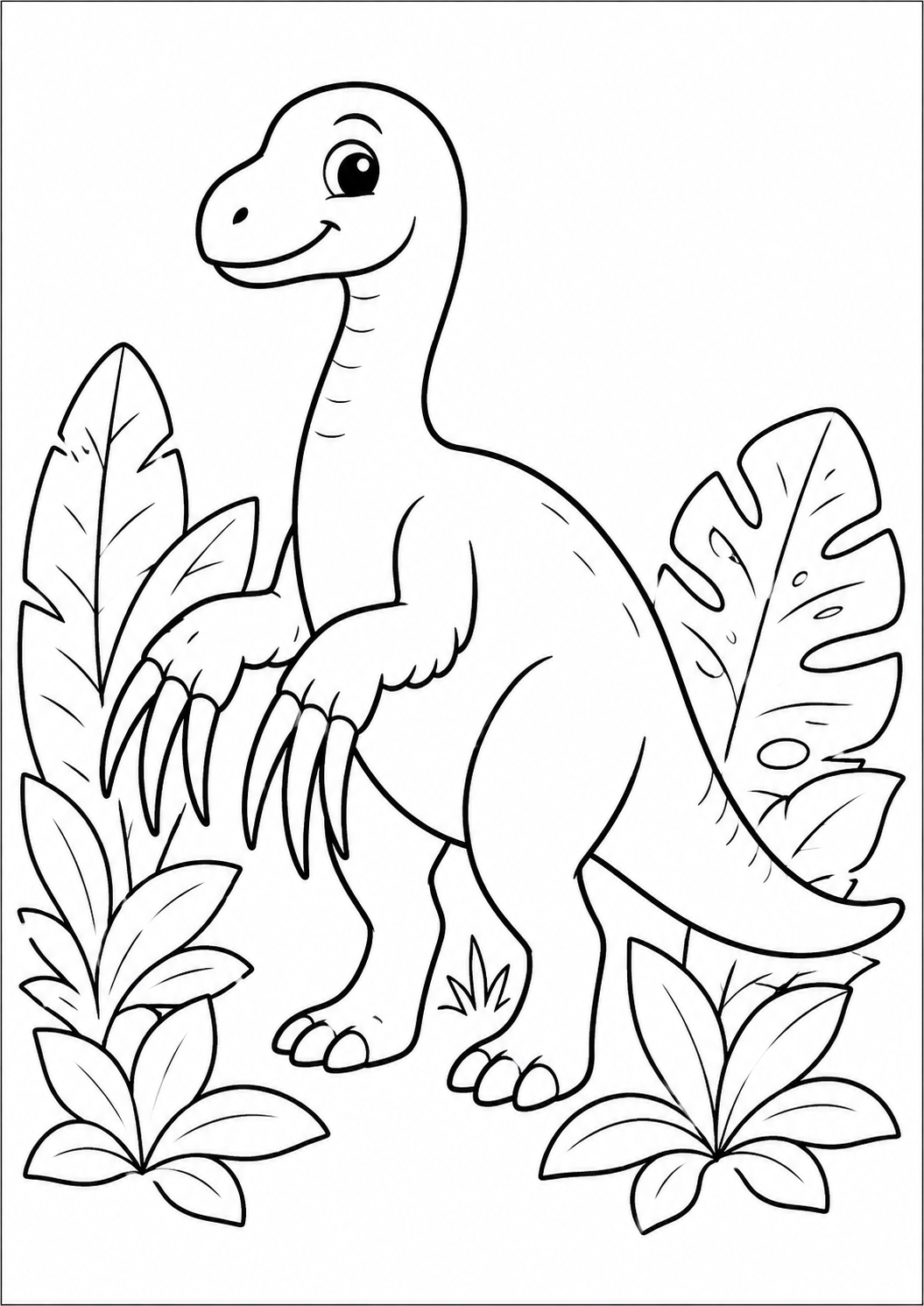 Color a Therizinosaurus with its remarkable long claws surrounded by lush prehistoric leaves. Fine claw shapes and dense foliage make this detailed printable best for ages 7–10.
