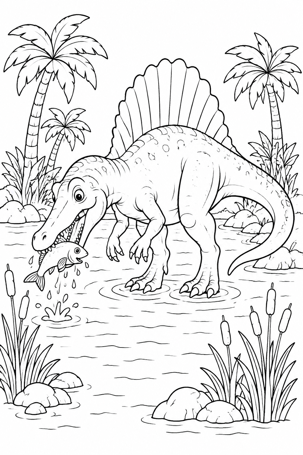 Color a sail-backed Spinosaurus catching a fish in a shallow prehistoric river.