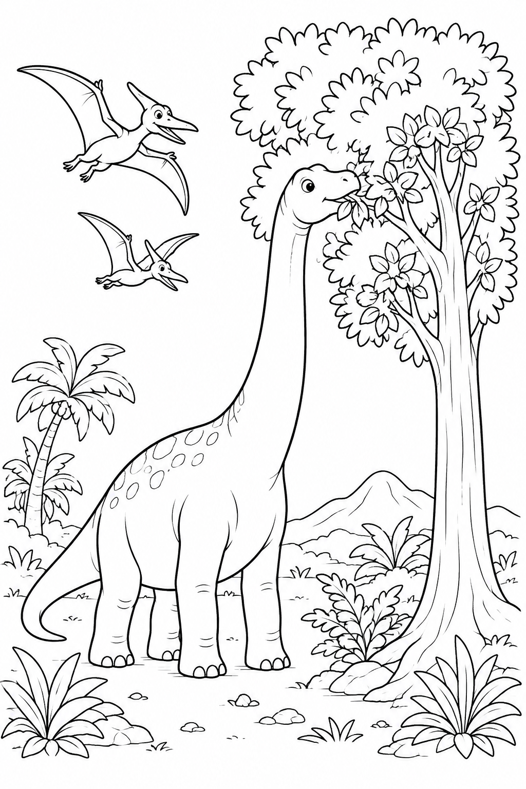 Color a gentle Brachiosaurus reaching high into a leafy treetop as pterosaurs fly nearby.