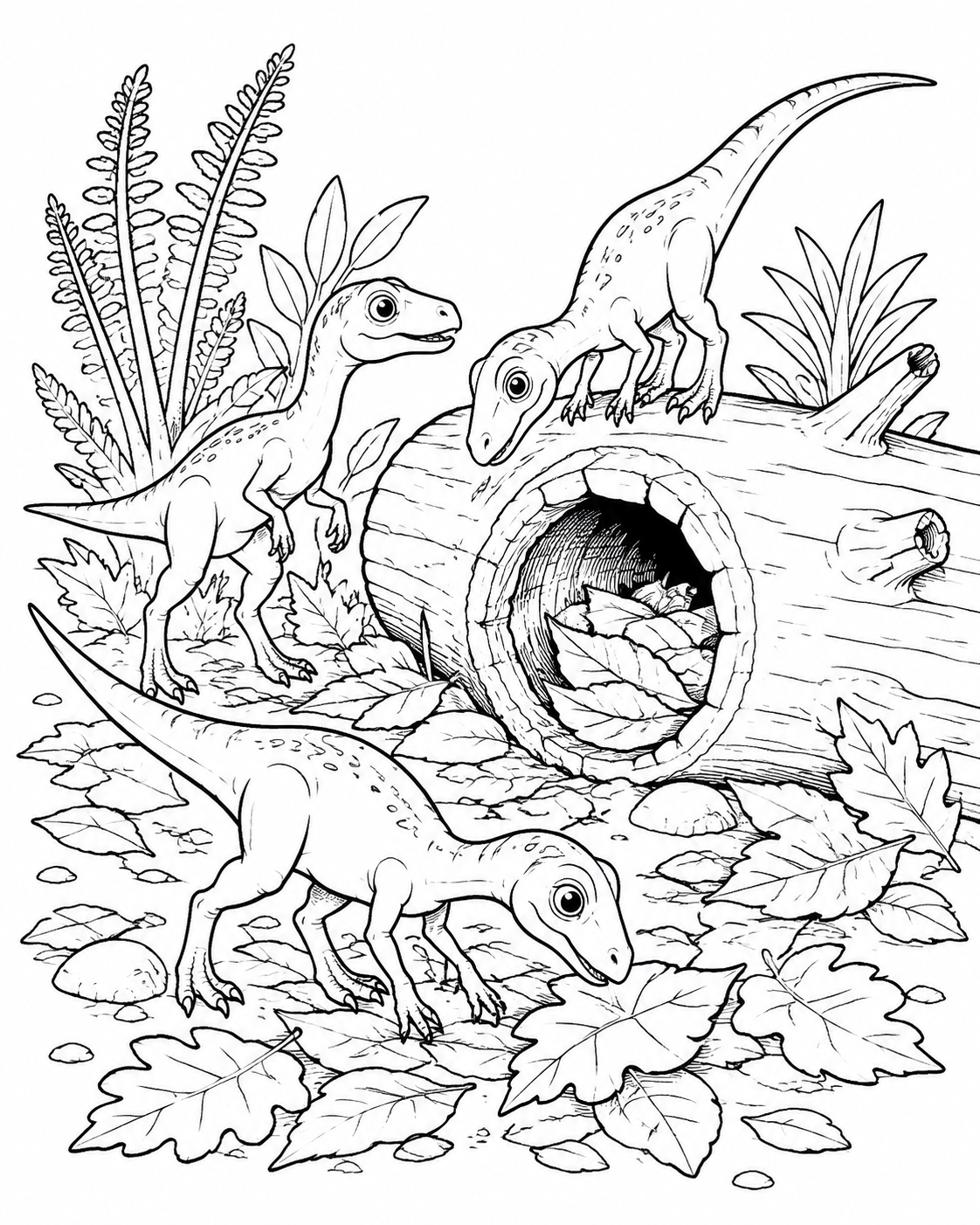 Color three tiny Compsognathus dinosaurs exploring leaves and a hollow log.