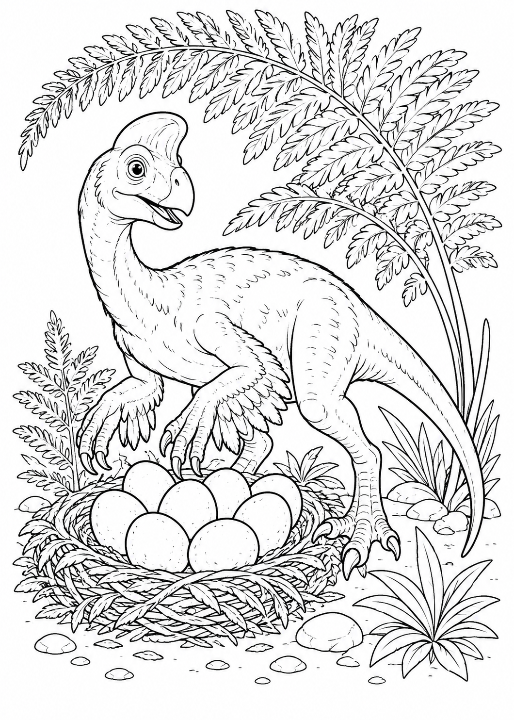 Color a feathered Oviraptor carefully guarding a nest filled with dinosaur eggs.