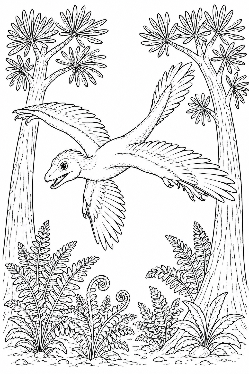 Color a feathered Microraptor gliding between prehistoric trees above a fern forest.