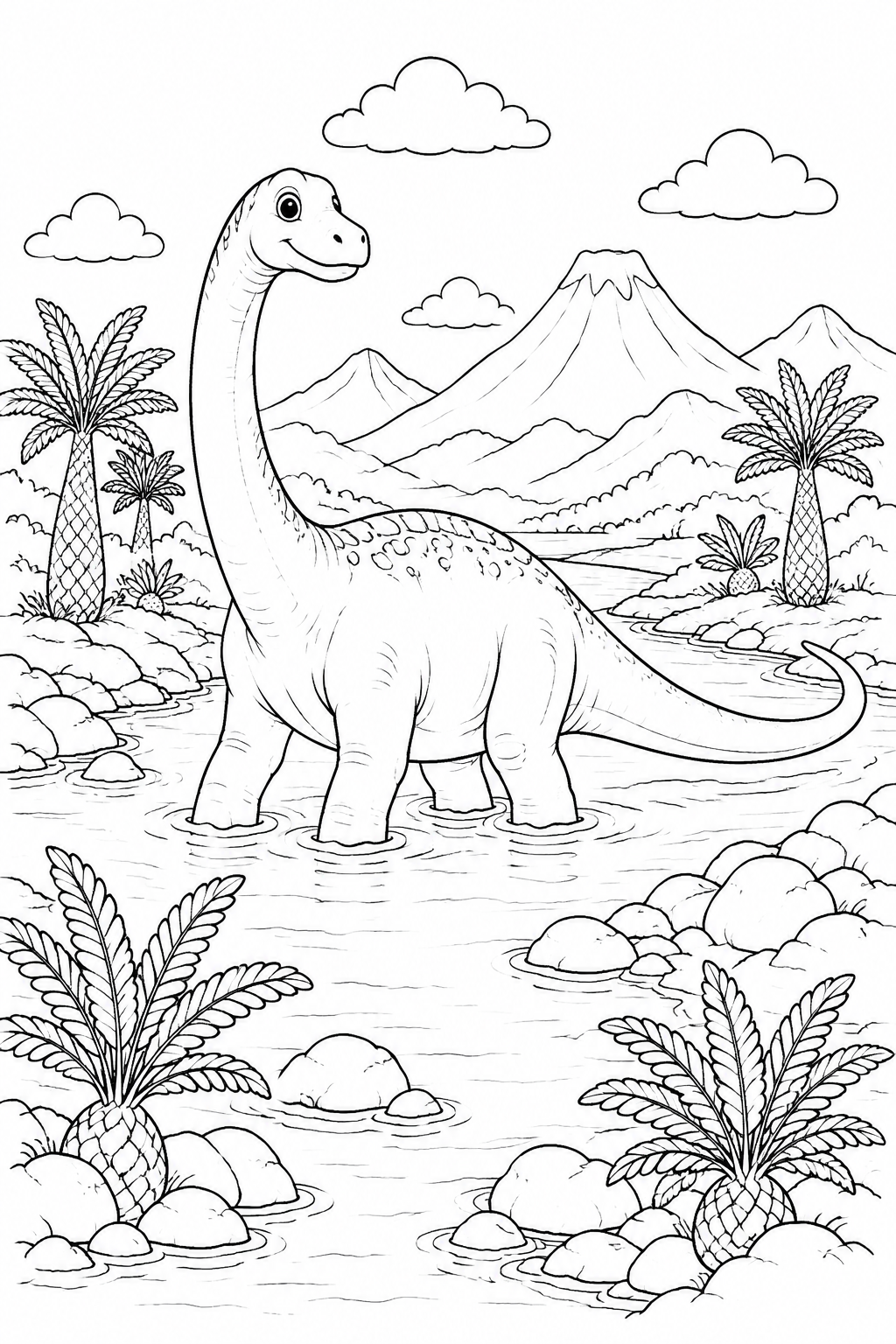 Color a cheerful long-tailed Diplodocus crossing a wide river beneath distant volcanoes.