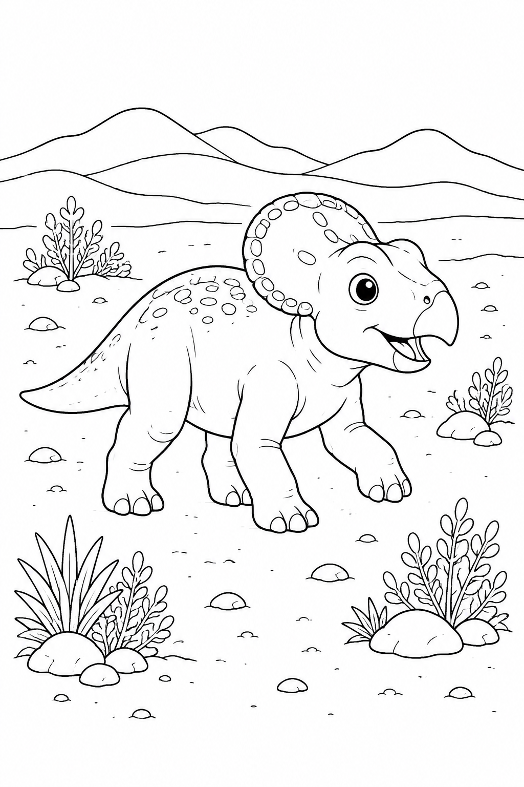 Color a friendly Protoceratops walking across a sandy prehistoric plain.