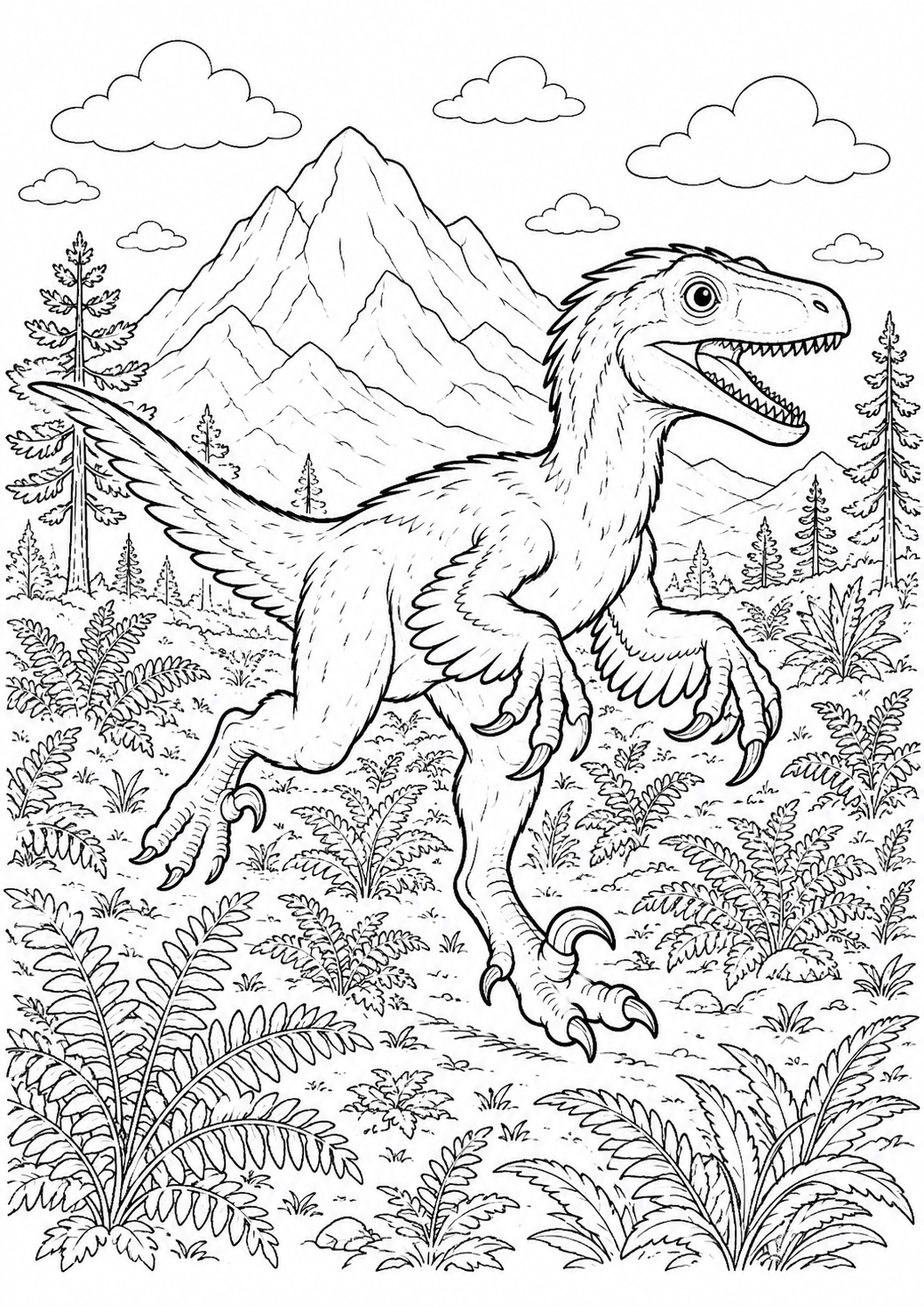 Color an energetic feathered Deinonychus running through a fern meadow beneath tall mountains.