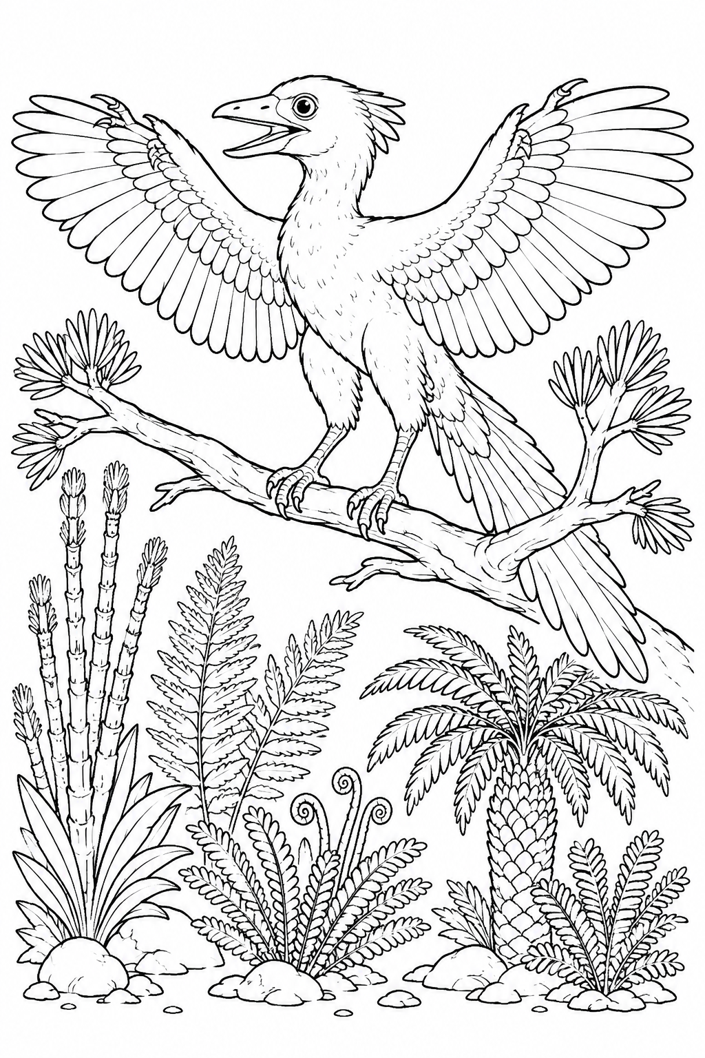 Color an Archaeopteryx perched on a branch with its feathered wings spread wide.