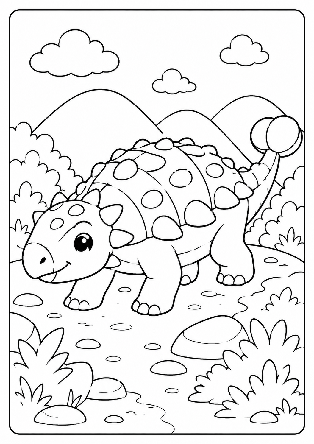 Color a cheerful ankylosaurus with a plated back and club-shaped tail in a rocky landscape. Its many armor plates and background details suit ages 6–9.