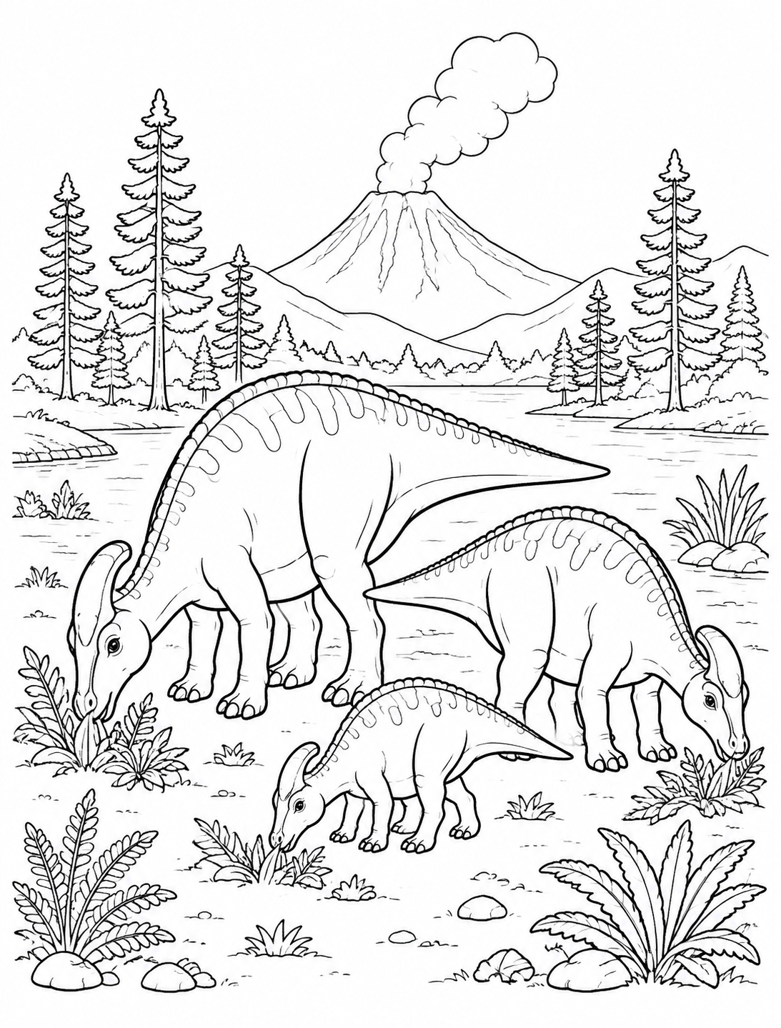 Color an Edmontosaurus family grazing beside a lake, conifers and a distant volcano.