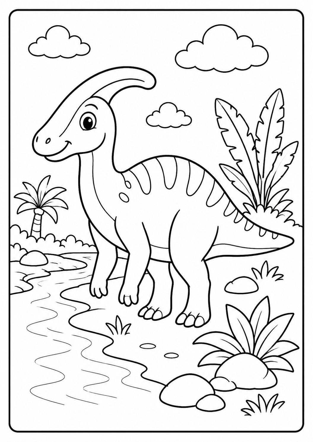 Color a friendly Parasaurolophus beside a winding river and tropical plants. The striped body and layered landscape offer a moderate challenge for ages 5–8.