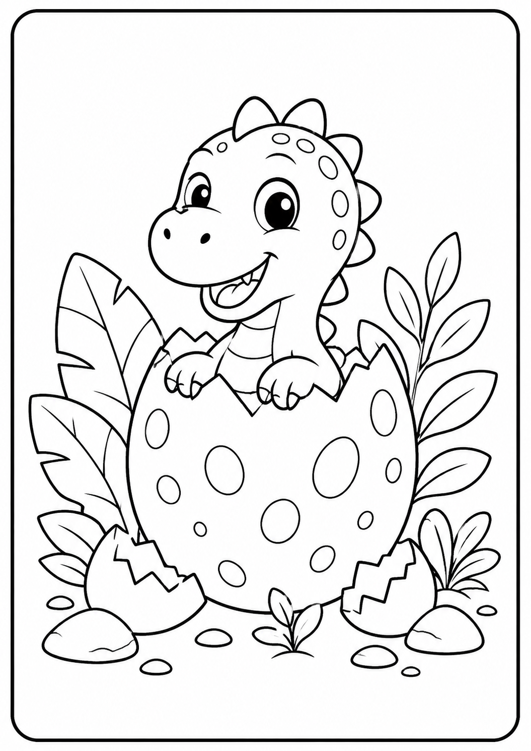 Color an excited baby dinosaur popping out of a large spotted egg. Its bold outlines and large open spaces make it an easy printable for ages 3–6.