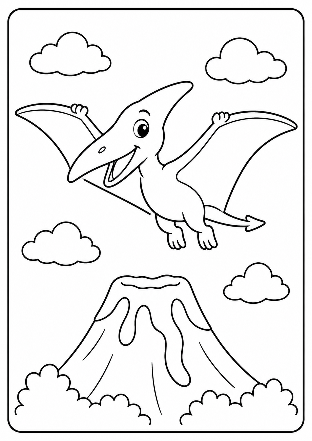 Color a smiling pterosaur soaring above a prehistoric volcano. The simple sky and large shapes make this flying-reptile scene suitable for ages 3–6.